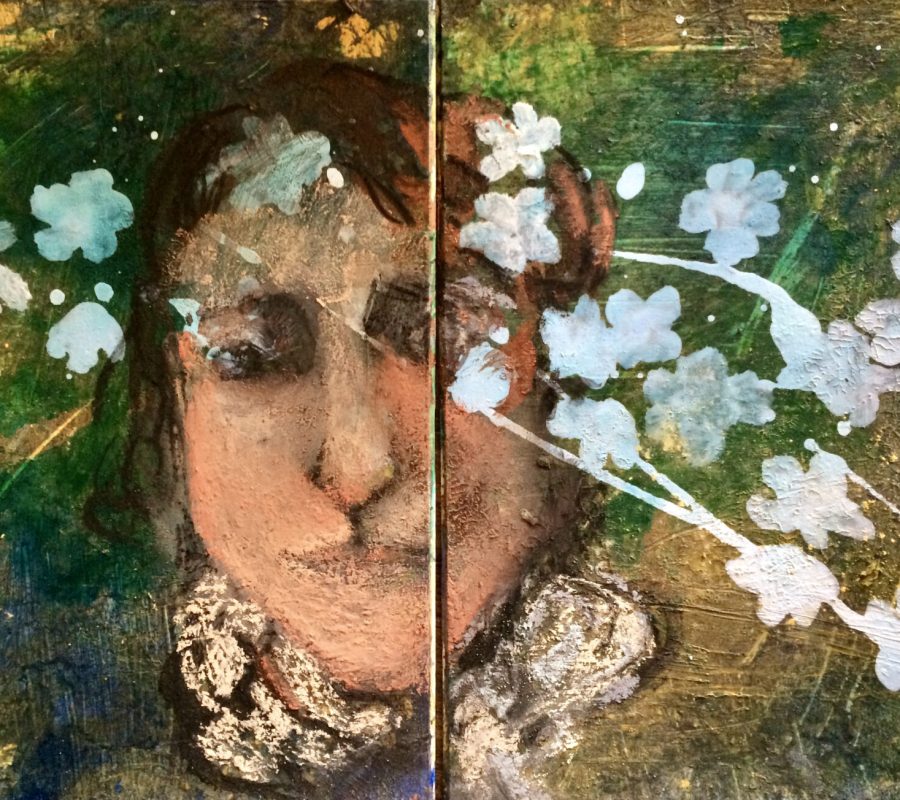 Fany aux fleurs- techniques mixtes sur carton